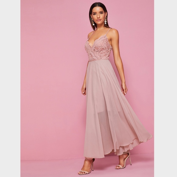 Pink Lace Detail V-Neck Cami Flared Maxi Dress - Picture 3 of 8